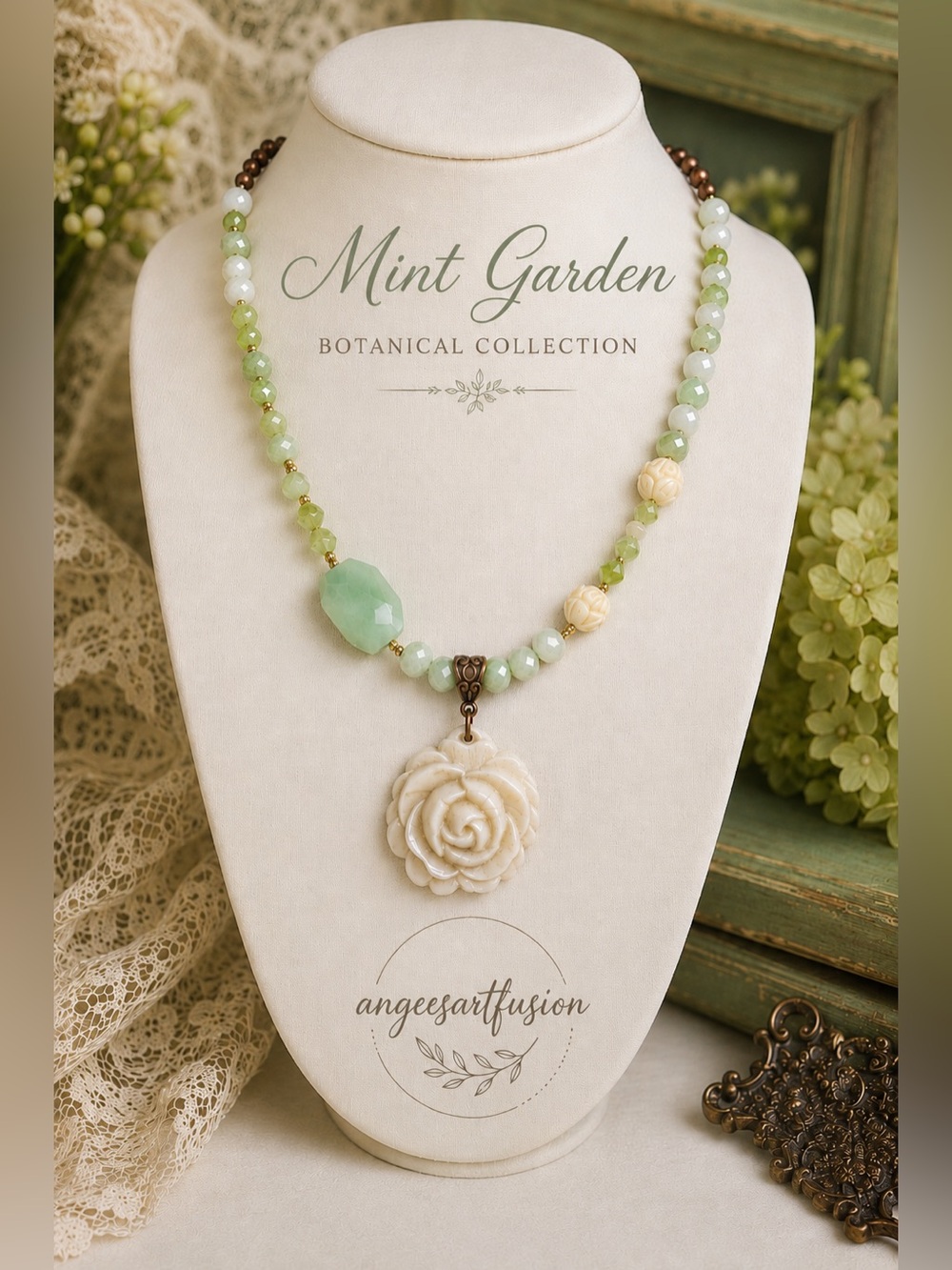 “Mint Garden”-Larimar & Peridot Botanical Necklace